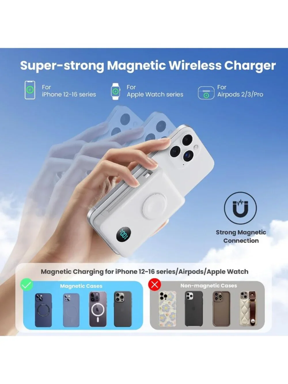 Portable Magnetic Charger 10800mAh, Wireless Power Bank, Fast Charging USB-C for